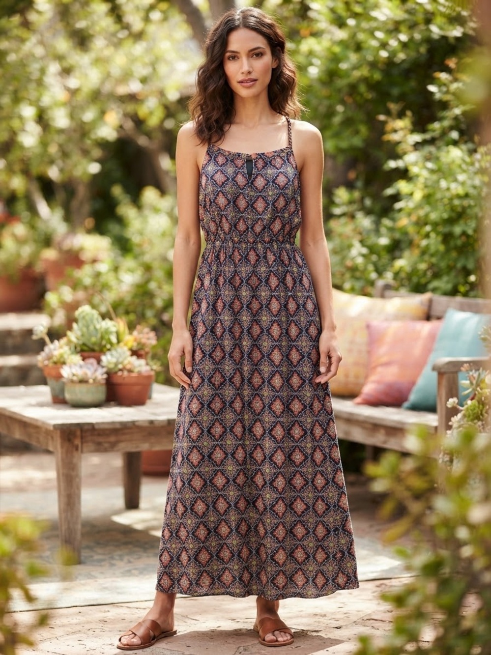Green Envelope Strappy Printed Maxi Dress in Navy and Rust